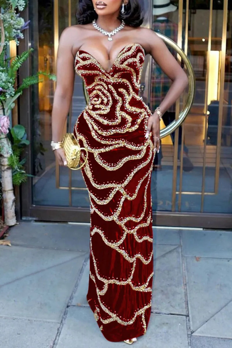 Sequin Backless Zipper Strapless Long Formal Evening Party Bodycon Maxi Dresses