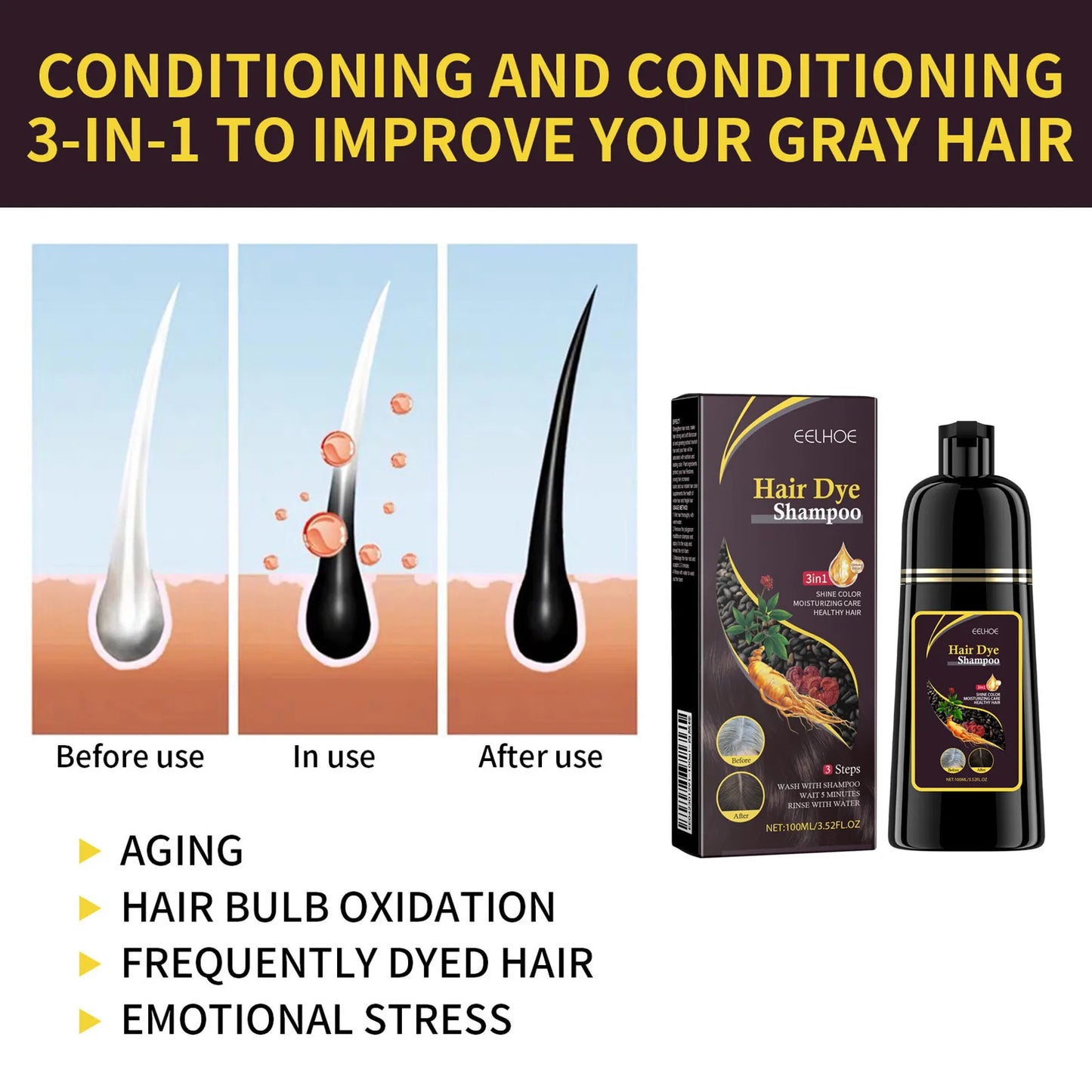 White To Black Shampoo Anti Hair Loss Natural Plant Polygonum Essence Oil Control Nourishing Scalp Shampoo for Men Women 100ml