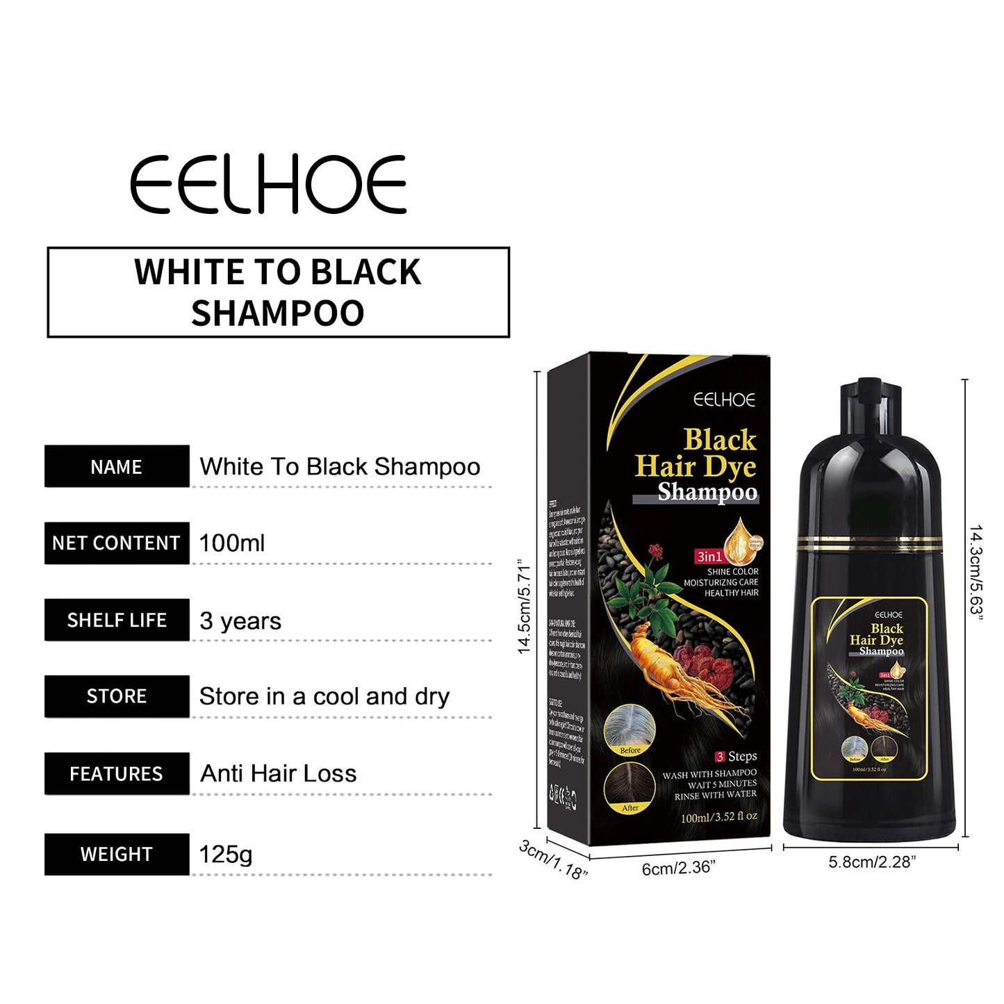 White To Black Shampoo Anti Hair Loss Natural Plant Polygonum Essence Oil Control Nourishing Scalp Shampoo for Men Women 100ml